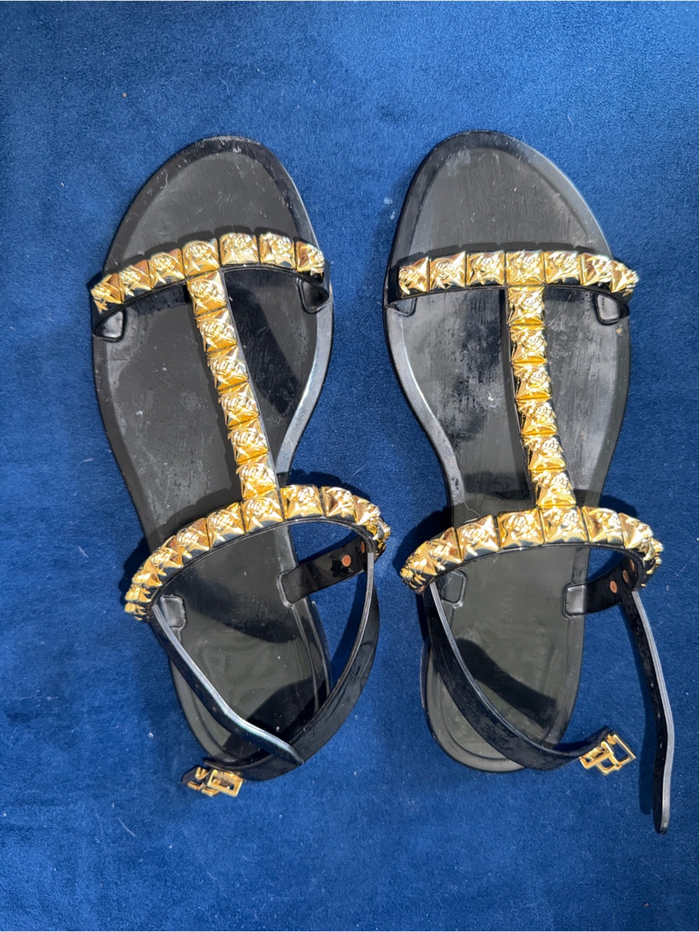 Stuart Weitzman Black Sandals with Gold Stud T-Strap